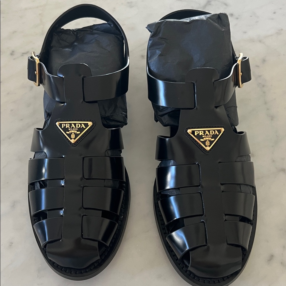 NEW Prada Fisherman Black Leather Sandals with Gold size 37 - Picture 8 of 13